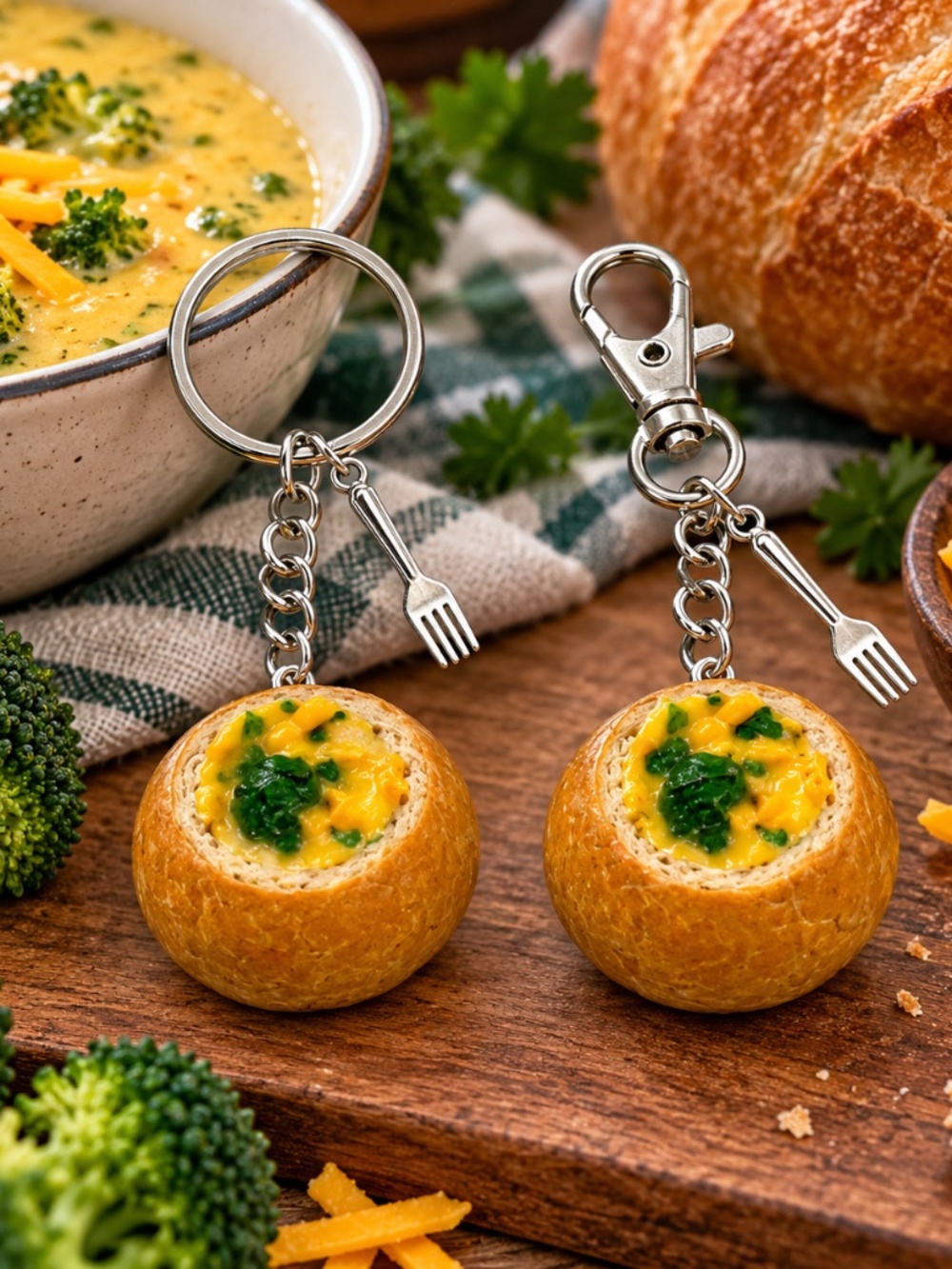 Broccoli Cheddar Soup Bread Bowl Keychain or Bag Clip | Handmade Mini Bread Bowl